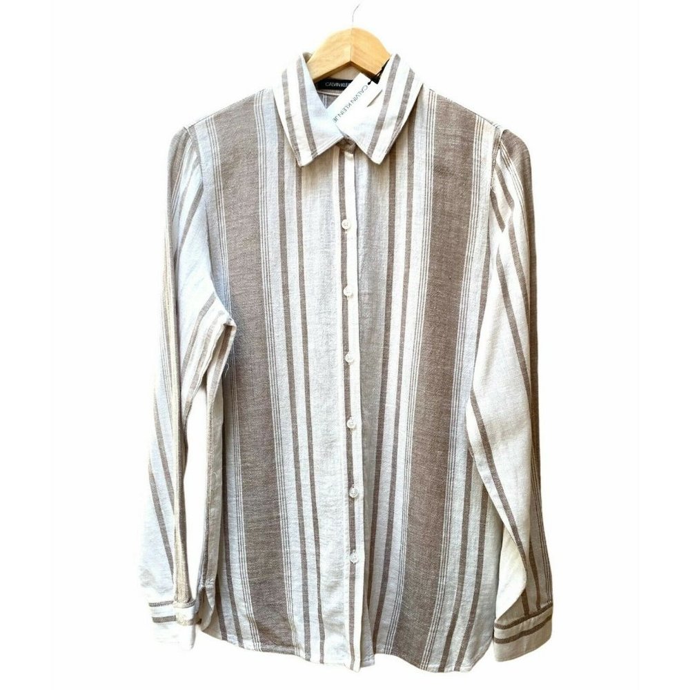 Calvin Klein Stripe Linen Blouse Shirt White Tan - Picture 3 of 8